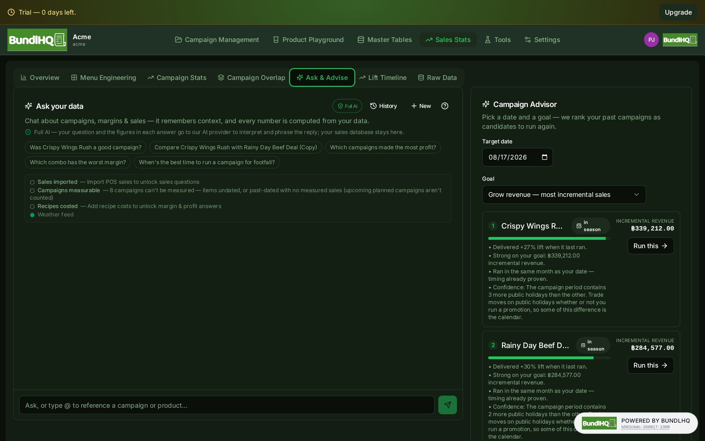 Ask in plain language; BundlHQ answers from your real numbers.