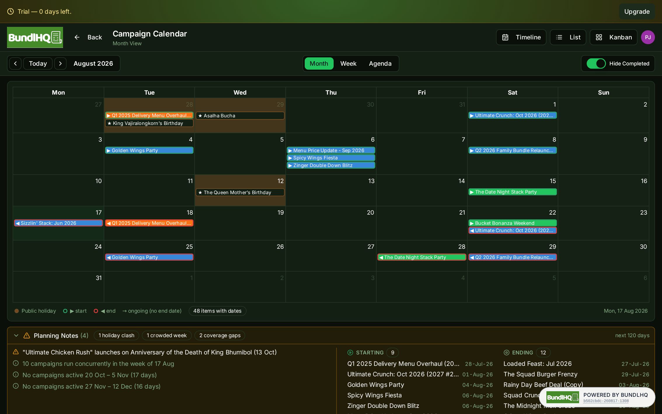 Your promotional calendar, with holidays and conflicts surfaced.