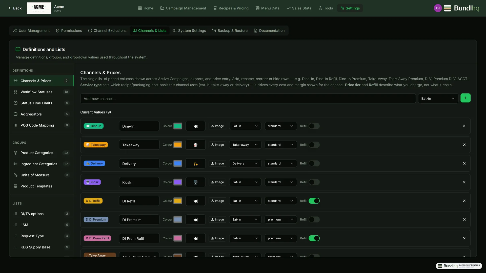 Channel and price definitions in BundlHQ
