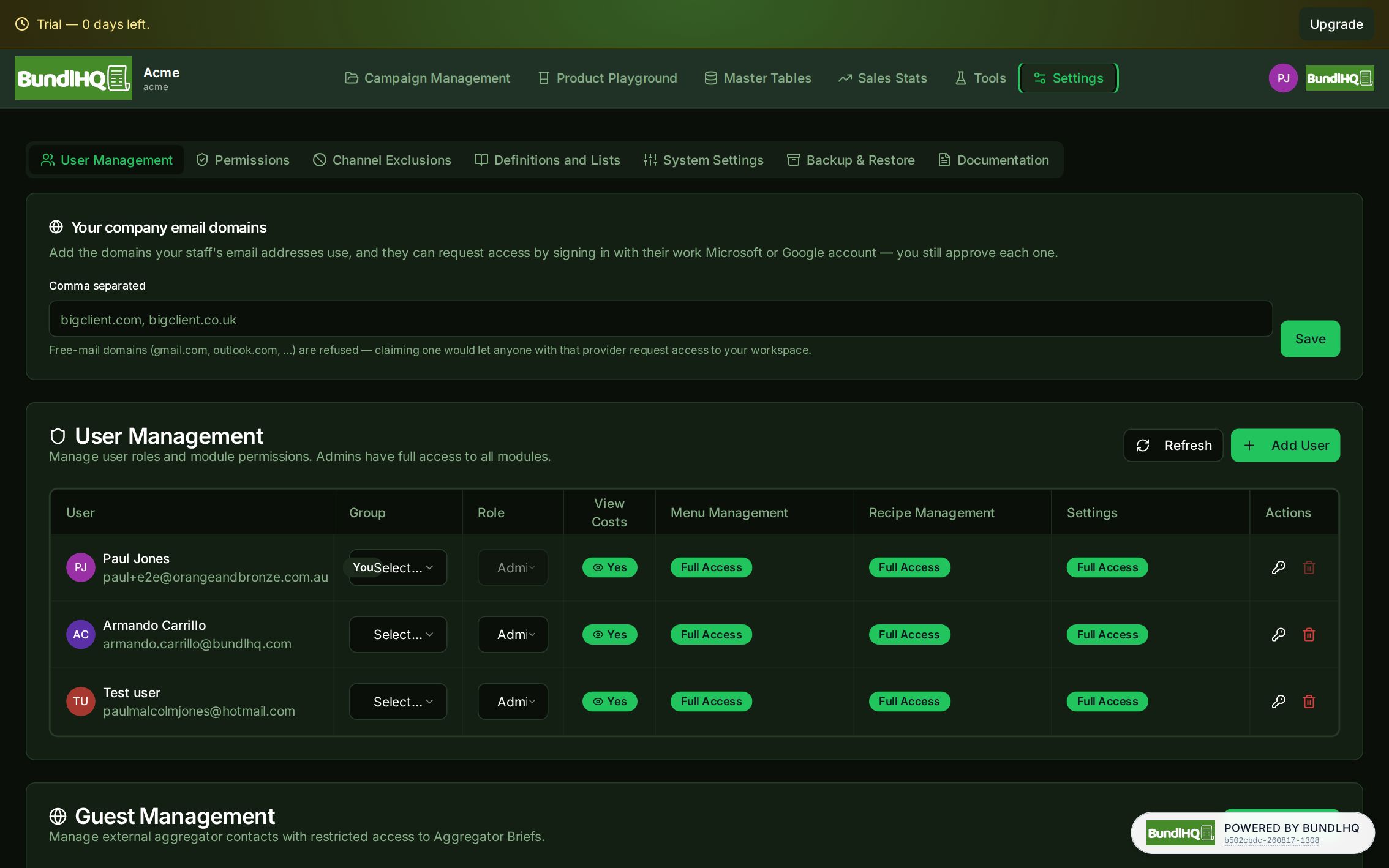 Per-tenant configuration: channels, currency, VAT, secondary language, integrations.