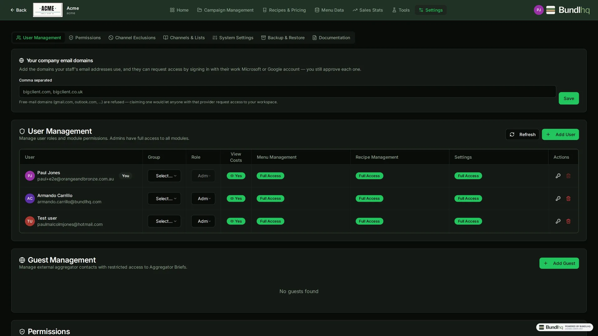 Per-brand configuration: channels, currency, VAT, second language, integrations.